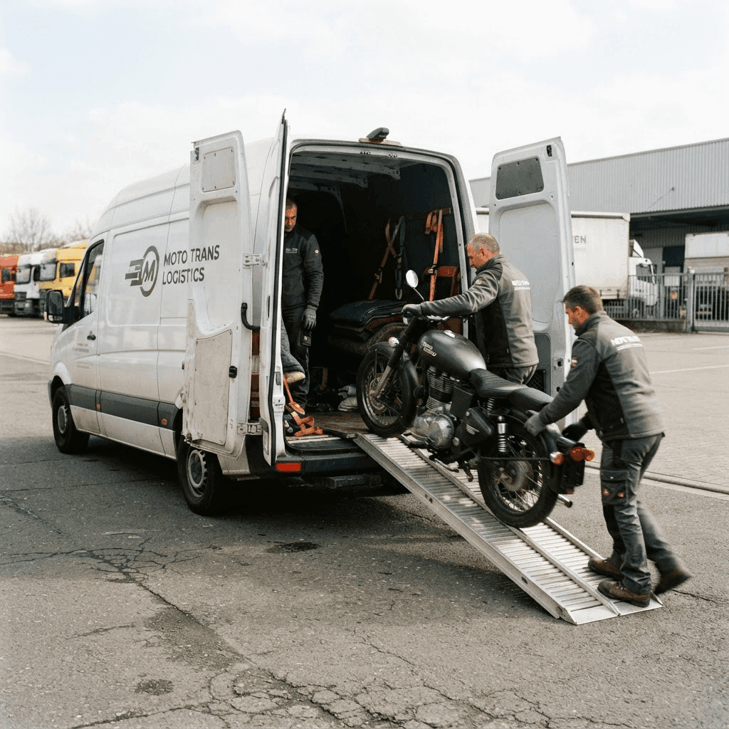 Motocykl Jawa ładowany do zamkniętej lawety dostawczej