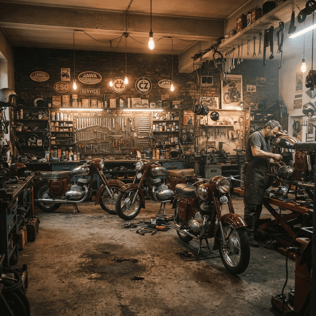 Warsztat MotoJawa z klasycznymi motocyklami Jawa
