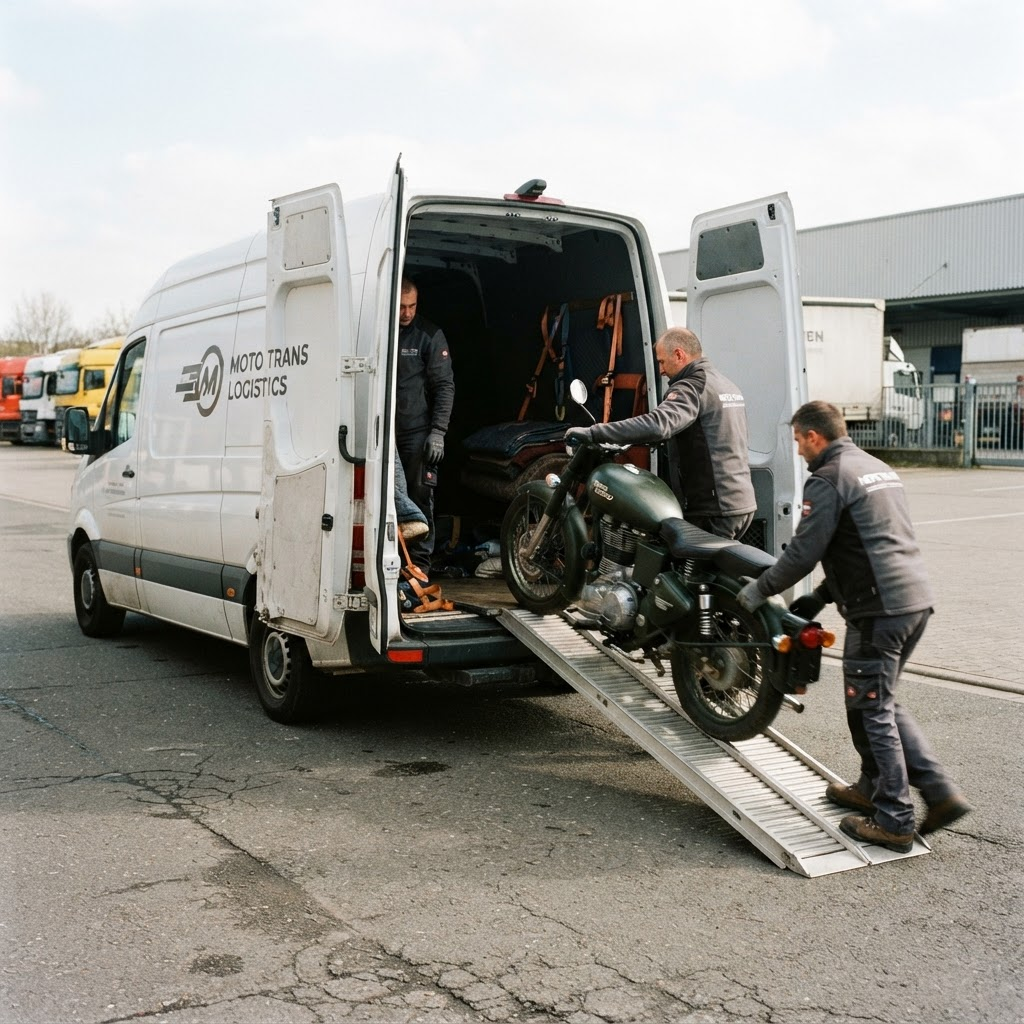 Motocykl Jawa ładowany do zamkniętej lawety dostawczej