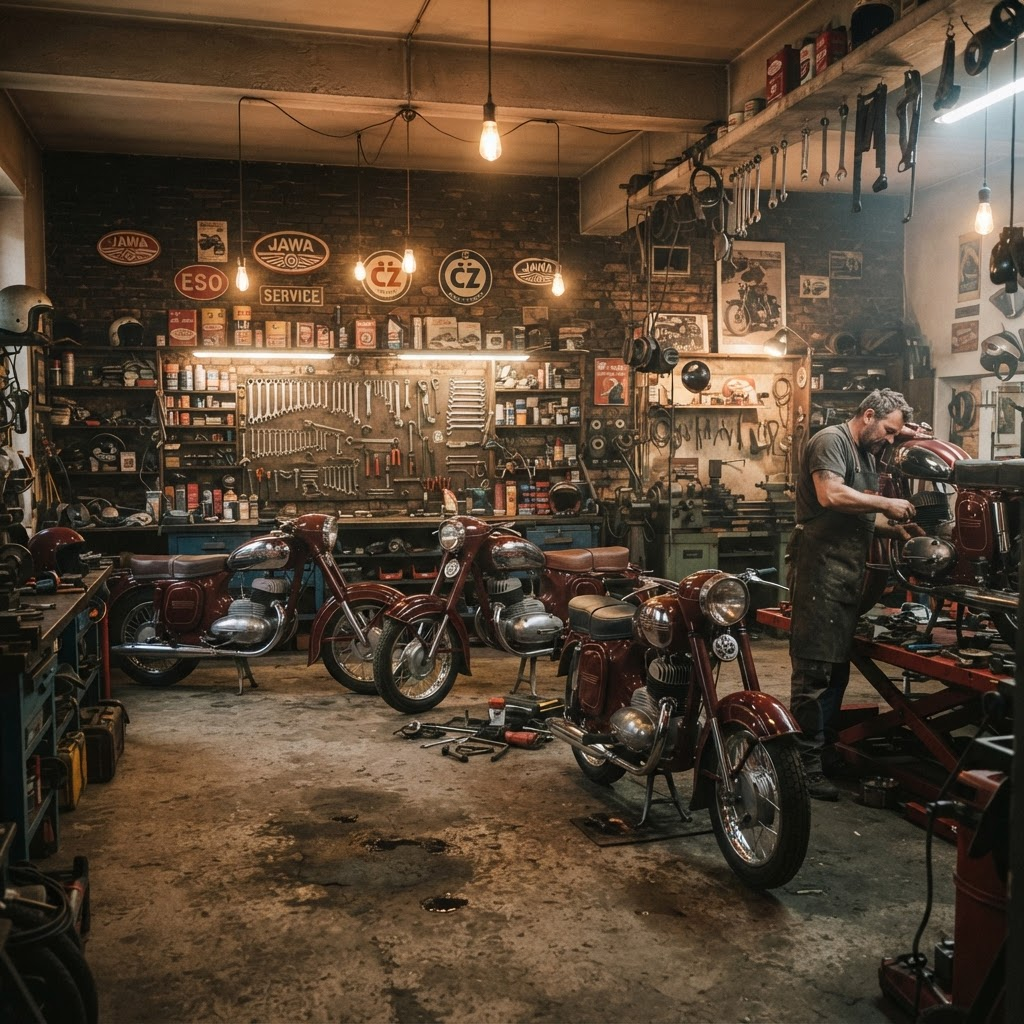 Warsztat MotoJawa z klasycznymi motocyklami Jawa